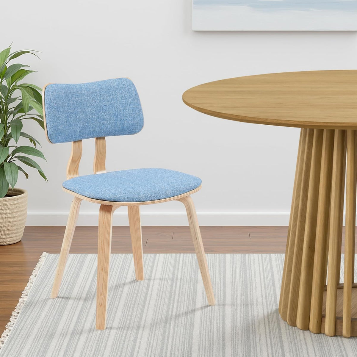 Armen Living Jaguar Mid-Century Dining Chair with Light Blue Fabric Upholstered Seat and Patterned Oak Wood Finish