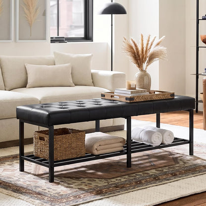 SOFTHION 55.5" End of Bed Bench, Faux Leather Entryway Bench, Black | Modern Leather Button Tufted Bedroom Bench, Upholstered Storage Shoe Bench with Metal Base for Living Room, Bedroom, Entryway