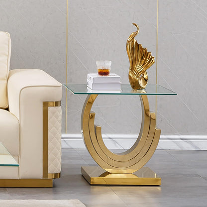 1 Piece Living Room End Table Luxury Glass Side Table, Elegant Gold End Table with Three Ring-Shape Stainless Steel Pedestal Base for Living Room Bedroom Office(1 End Table)