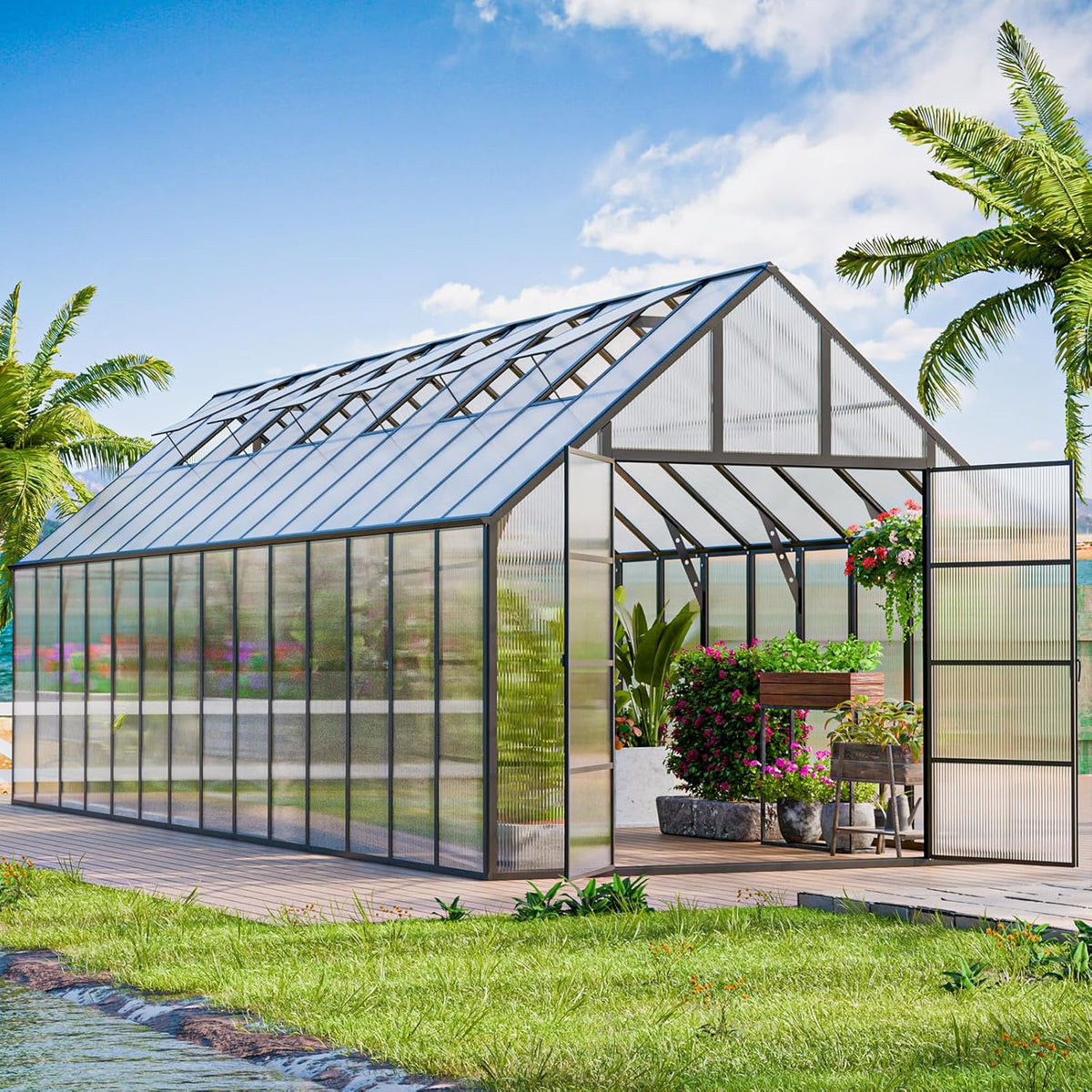 CDCASA 28x10x10 FT Greenhouse for Outdoors, Easy Assembly Large Thicker Aluminum Heavy Duty Polycarbonate Greenhouses Kit w/6 Windows, Outside Sunroom Walk-in Green House for Patio,Backyard