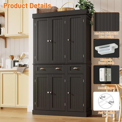 71" Tall Kitchen Cabinet Pantry Storage,Modern Kitchen Hutch Cabinet with Doors and Adjustable Shelves,Large Freestanding Food Pantry with 2 Drawer for Dining Room, Living Room, Hallway,Black