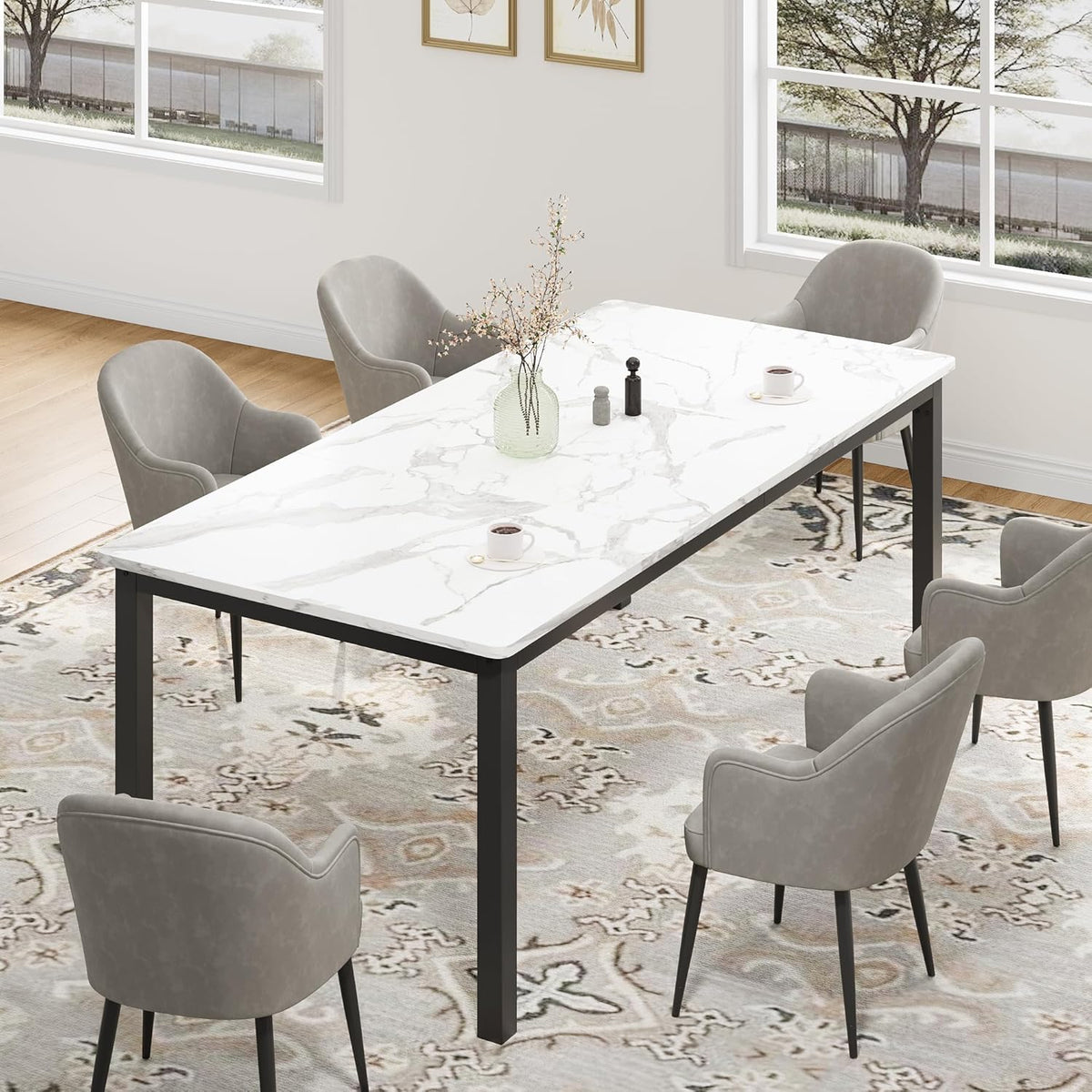 79 Inch Industrial Dining Table, Large Rectangle Kitchen Table with Metal Legs, Round Corners, Wooden Conference Tables Writing Desk for Dining Room, Living Room, White Faux Marble