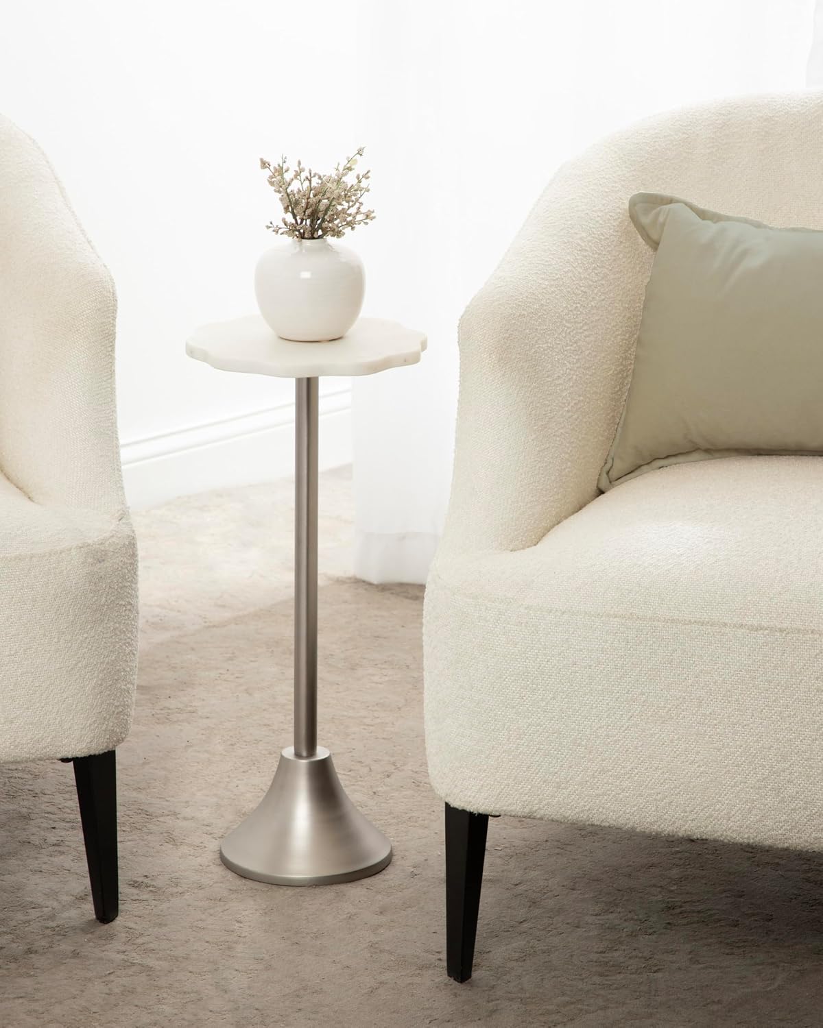 Kate and Laurel Sanzo Modern Pedestal Drink Table, 10 x 10 x 23, White Marble and Silver, Decorative End Table with Scalloped Marble Tabletop for Use as Small Plant Stand or Cute Martini Table
