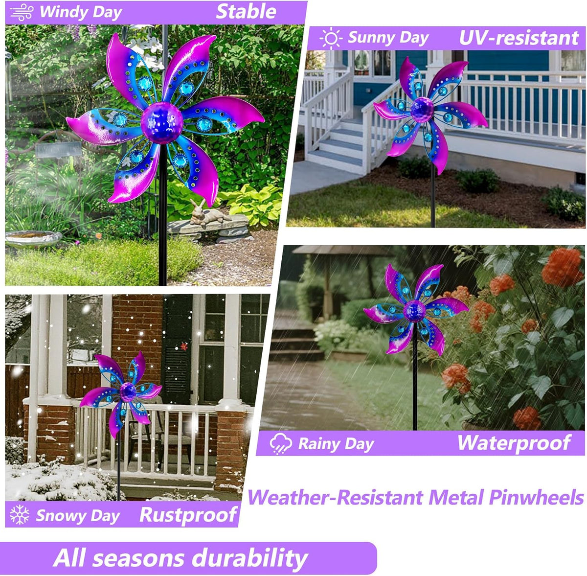 Wind Spinners Outdoor Metal, 10.63" W*37" H Pinwheels for Yard and Garden Decor, Kinetic Wind Sculpture Spinner Yard Art (Purple)