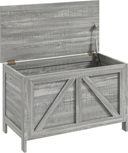 HOMCOM 30" Farmhouse Storage Bench Lift Top Storage Chest in Light Gray | Safety Hinge, Open Up 100°, Wooden Trunk, Bedroom, Entryway, Living Room