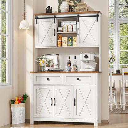 Befrases 67.7 Inch Farmhouse Pantry Storage Cabinet with Sliding Barn Doors, 2 Drawer Farmhouse Coffee Cabinet with Adjustable Shelf, Side Board with Buffet Cupboard for Livingroom Kitchen, White