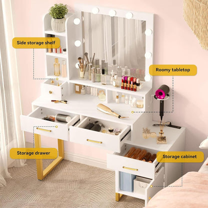 DWVO Vanity Desk with Mirror and Lights | Makeup Vanity with 3‑Mode Lighting and Power Outlet, Vanity Desk with Multiple Storage Drawers, Shelves, Cabinet and Stool