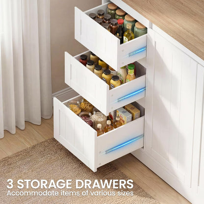 70.8" Tall Pantry Cabinet with LED & Charging Station, Freestanding White Kitchen Storage Cabinet with Spacious Countertop, Adjustable Shelves and Door Side Racks for Dining Living Room