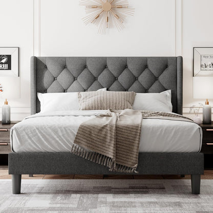 Feonase Queen Size Bed Frame with Diamond Tufted Wingback Headboard, Morden Upholstered Platform Bed, Sturdy Wooden Slats Support, Noise-Free, No Box Spring Needed, Easy Assembly, Dark Gray