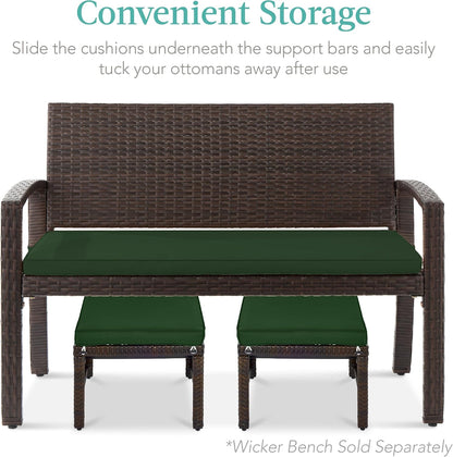 Best Choice Products Set of 2 Wicker Ottomans, Multipurpose Outdoor Furniture for Patio, Backyard, Additional Seating, Footrest, Side Table w/Removable Cushions, Steel Frame - Midnight Green/Brown
