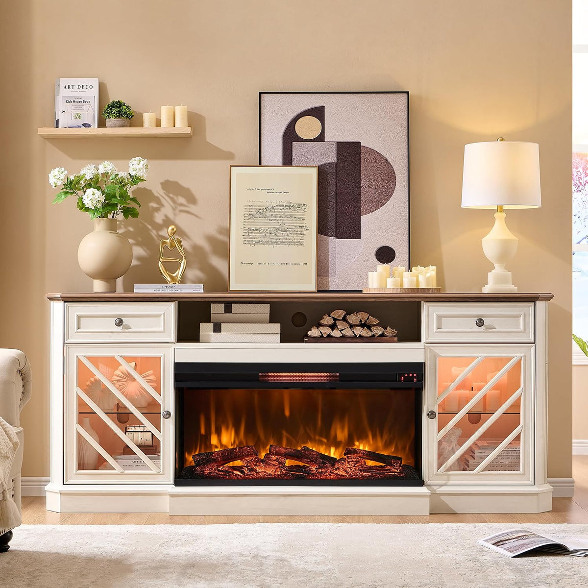 OKD 75 Inch 3-Sided Electric Fireplace TV Stand for TVs up to 85'',Modern Highboy Entertainment Center with 36" Fireplace & LED Lights,Widen Drawers and Glass Door Storage Cabinet, Antique White