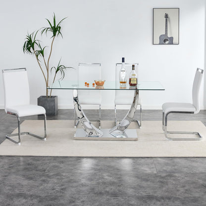 Modern Silver Dining Table, 63" Dining Room Table for 4-6 with Heavy Duty Tempered Glass Top, Rectangular Glass Kitchen Table with Sturdy U Shaped Base for Kitchen Dining Room