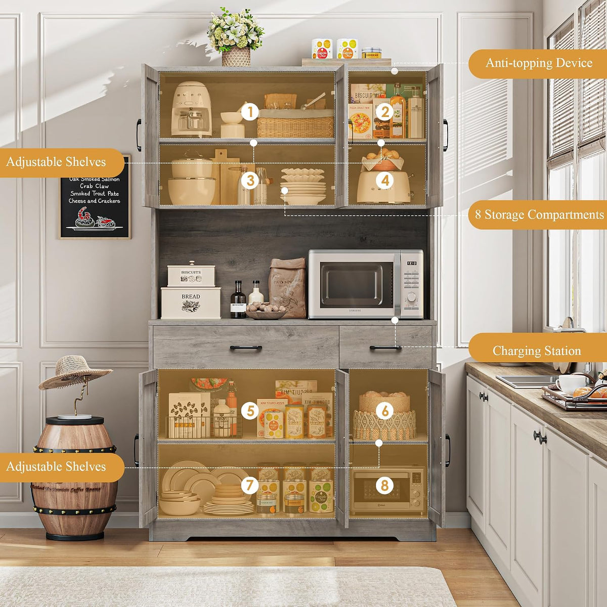 HOSTACK 71" H Kitchen Pantry Storage Cabinet, Farmhouse Hutch Cabinet, Grey | Space-Saving Pantry Cabinet with Charging Station & 2 Large Drawers & Adjustable Shelves, Tall Kitchen Hutch, Dining Room