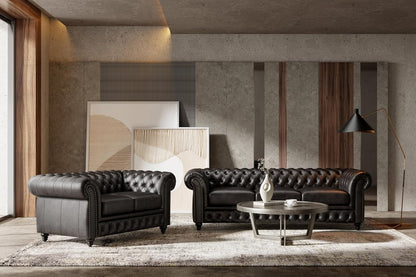 Valencia Parma Chesterfield 3 Seater Sofa 82" | Premium Leather | Mid-Century Leather Couch with Classic Button Tufted Back, Wood Legs for Living Room, Black