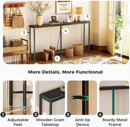 SUPERJARE Console Table with Outlet, 63 Inch Sofa Table with Charging Station, Narrow Entryway Table, Skinny Hallway Table, Behind Couch Table, for Living Room, Plants, Black