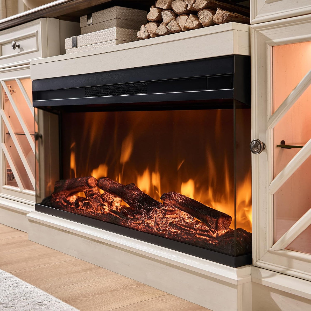 T4TREAM Farmhouse 3-Sided 75'' Electric Fireplace TV Stand, 32'' Tall Modern Highboy Entertainment Center with 36" Fireplace, Media Console Table with LED Lights for Living Room, Antique White