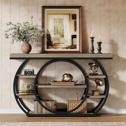 Tribesigns 47" Industrial Entryway Table with Staggered 5-Tier Shelf | Narrow Console with Metal Frame, 5-Tier Sofa Table for Living Room Entryway, Hallway, Foyer, Gray