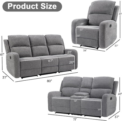 EBELLO Manual Living Room Furniture Reclining Couch Set, Fabric Recliner Chair, Loveseat and 3 Seat Sofa Couch for Meeting Room(Recliner+Loveseat+3 Seat Sofa)