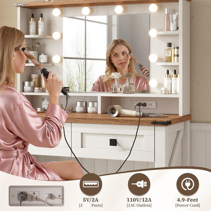 EnHomee Farmhouse Vanity Desk, Mirror & Lights, Women Bedroom, White