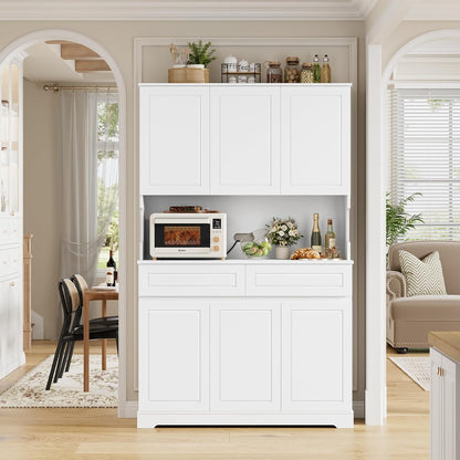 FACBOTALL 74" Pantry Cabinet, Tall Kitchen Pantry with 6 Doors & 2 Drawers | Kitchen Hutch with Wide Countertop, Modern Kitchens Cupboard with Adjustable Shelves and Charge Holes, White