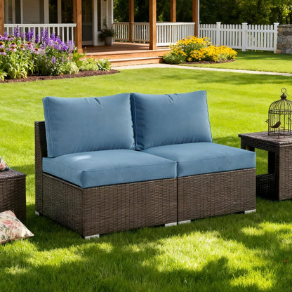 Wisteria Lane Outdoor Sofa, 2 Pieces Wicker Patio Furniture Set with Washable Cushions, Armless Patio Sectional for All-Weather, Oversized Outside Furniture for Garden, Poolside, Backyard, Light Blue