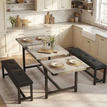 IDEALHOUSE 63" 3 Piece Extendable Dining Table Set for 4-6, Rectangle Wooden Kitchen Table with 2 Soft Benches Set for 6, Sturdy Metal Frame, Dinette Table Set for Apartment, Kitchen, Rustic Gray