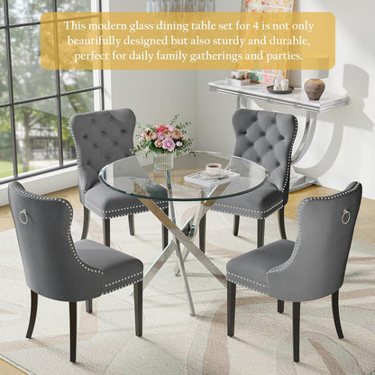 Round Glass Dining Table Set for 4, Modern 36 Inch Glass Kitchen Table with Silver Stainless Steel Legs and 4 Grey Velvet Chairs, for Dining Room, Apartment, Small Space