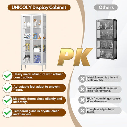 UNICOLY Display Cabinet with Glass Doors, Glass Display Cabinet 4-Tier, Metal Curio Display Cabinet with Tempered Glass Doors for Living Room, Plant, Display Shelf, Assembly Required, White