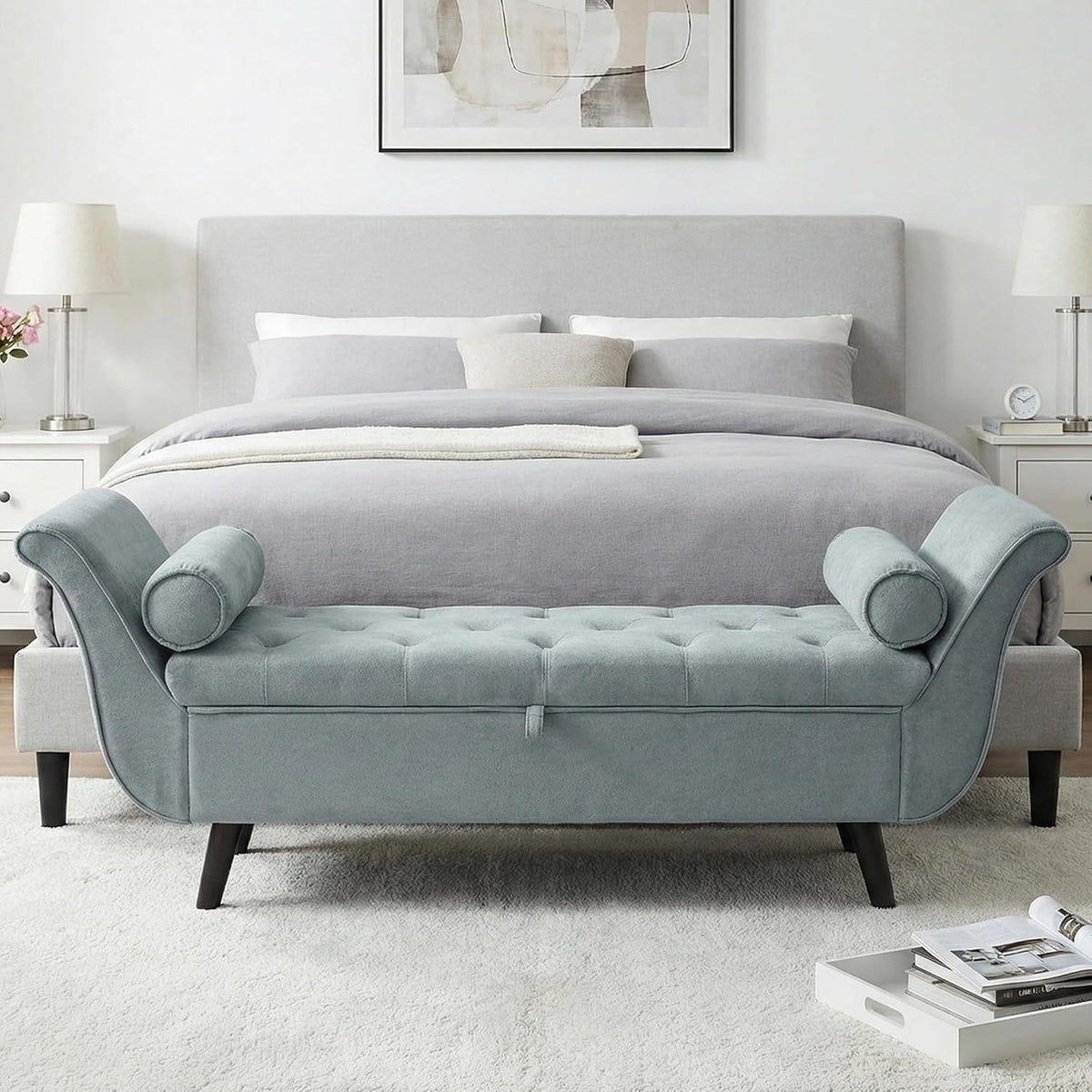65" Velvet Storage Bench, 65" Vintage Upholstered Rolled Armed Button Tufted Stool Bench for Bedroom, Living Room, Entryway, Hallway, Dressing Room (Light Grey)