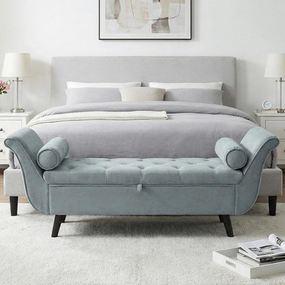 Velvet Storage Bench for Bedroom End of Bed Ottoman, Button-Tufted Upholstered Bed Benches for Bedrooms King with Rolled Arms and 4 Sturdy Wood Legs, Footstool for Bedroom (Slate Gray)