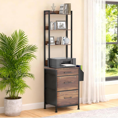 FAHKNS 3 Drawer Vertical Filing Cabinet with Charging Station, 3 Drawer File Cabinet with 4-Tier Shelves & Storage Bags, Printer Stand for Home Office, Suitable for Letterhead/Legal Documents/A4
