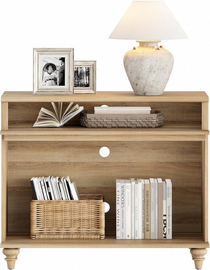 WAMPAT Tall Side Table, Large End Table with 2 Storages for Living Room, Farmhouse TV Stand with Storage Shelf, Oak, 37"