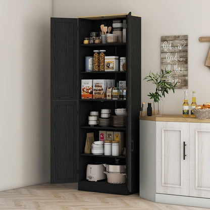 4-Door Bohemian Freestanding Kitchen Pantry Cabinet with Complete Adjustable Shelves, Distressed Black Finish in Vintage Design