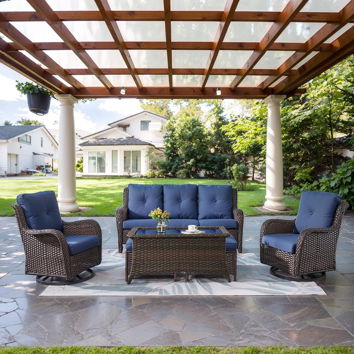 Belord Wicker Outdoor Furniture Patio Furniture Set - 6 Piece Patio Conversation Set with Swivel Rocker Chairs, Rattan Sofa, Ottomans and Coffee Table, Blue Cushion
