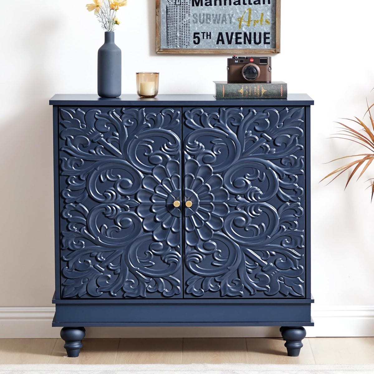 weselon Accent Cabinet with 2 Doors, Luxury Carving Board Storage Sideboard with Adjustable Shelves, Buffet Cabinet Entryway Table for Living Room (Midnight Blue)