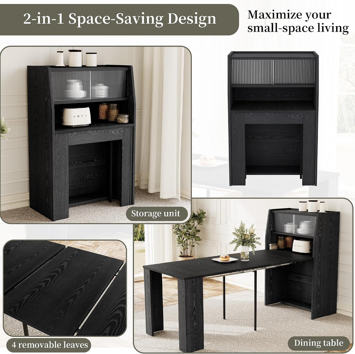 HIPIHOM 86.6" Extendable Dining Table for 4-6, MDF, Storage Cabinet | Retractable Console Table, Storage Cabinet for Kitchen or Dining Room, Ideal for Small Space, Apartment, Family Meal