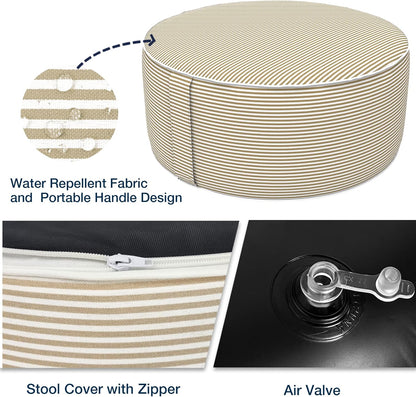 Inflatable Stool Ottoman, Footrest Ottoman with Handle, Outdoor or Indoor Round Portable Stool for Patio Home Decoration, 21x9 Inch, Stripe Beige