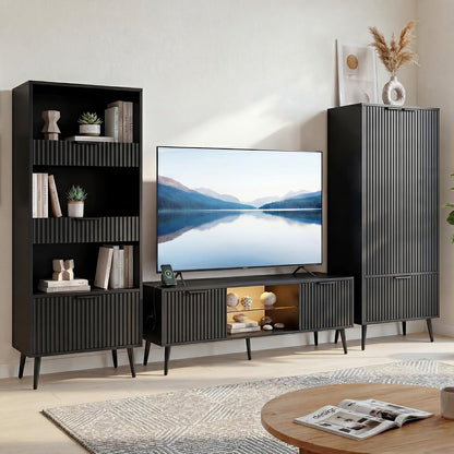 Bathroom Storage Cabinet Set of 2, 47.2" Wide 5-Tier Freestanding Pantry Cabinet with 6 Extra-Large Drawers & 2 Open Shelves, Fluted Floor Organizer Cupboard for Kitchen, Living Room, Anti-Tip, Black