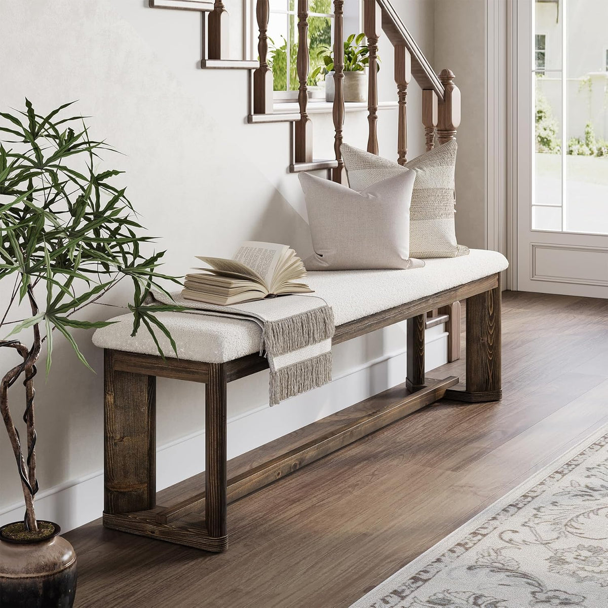 LITTLE TREE 63" Upholstered Bench, Solid Wood Entryway Shoe Bench with Cushion, Long Modern Farmhouse End of Bed Bench with Antique Brown Legs & Faux Lamb Fur Seat for Bedroom, Living Room, Dining