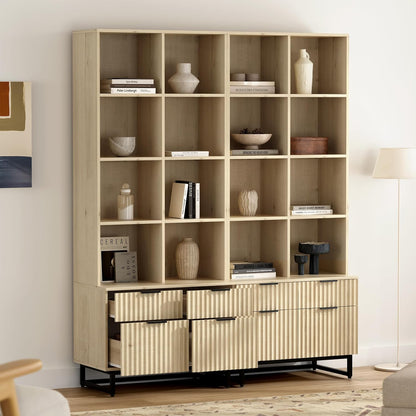 71" Tall Fluted Kitchen Pantry, Mid Century Modern Storage Cabinet with Drawers and Adjustable Shelves 6 Tier Display Bookshelf Cupboard for Dining Room Living Room Home Office, Light Oak