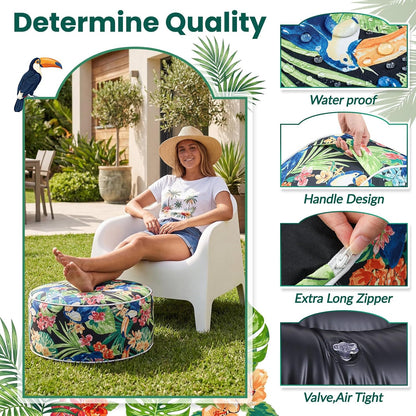 Cinnvoice 2 Pcs Inflatable Outdoor Ottoman Pouf Waterproof Round Footrest with Handle D21 x H9 Inch Indoor Outdoor Portable Footstool for Patio Garden Camping or Home Pool(Parrot)
