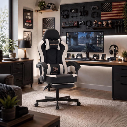 Desk Computer Gaming Chair - High Back Ergonomic Office Chair with Footrest and Lumbar Support, Swivel Comfy Home Gamer Video Game Chairs with Pocket Spring Cushion for Adults (White Leather)