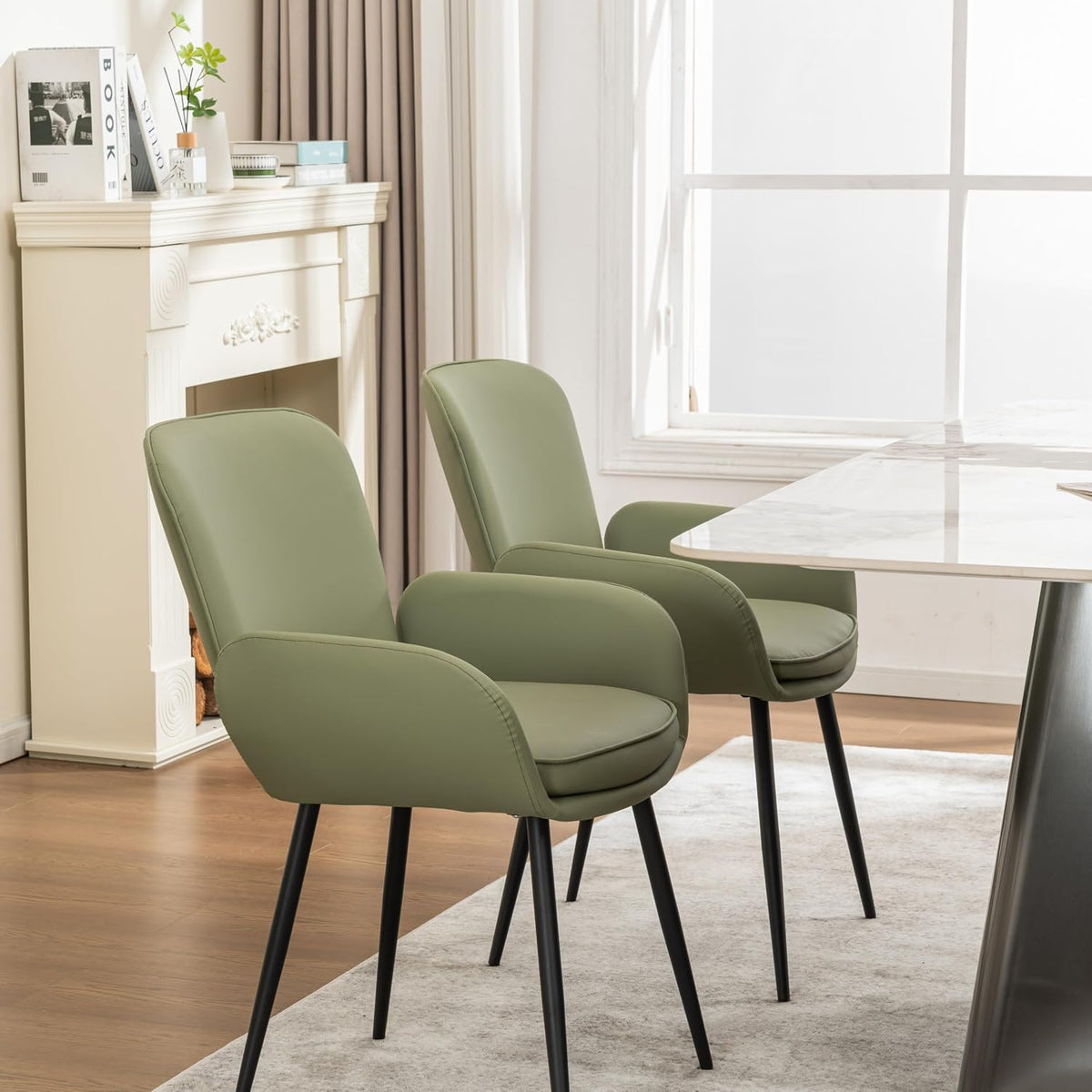 VKNOW Modern Faux Leather Dining Chairs Set of 6 with Armrest, Green | Armed Dining Room Chairs with Metal Legs, Kitchen Chairs for Restaurant Kitchen Living Room