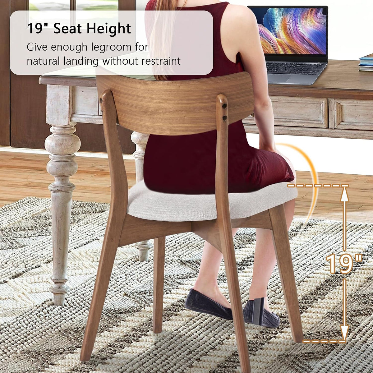 Modern Dining Chairs with Upholstered Cushion, Solid Rubber Wood Dining Chair with Comfortable Backrest, Sturdy Wooden Chairs for Kitchen, Dining Room (Walnut-Beige, 6 Sets)