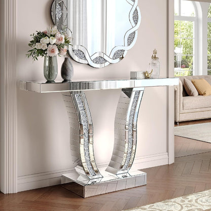 43.3'' Mirrored Console Table Silver Mirrored Entryway Sofa Table for Living Room Office, Curved Design Crystal Accent, Modern Entryway Console Desk for Hallway Entrance, 43''x12'' Glass Top