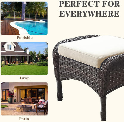 Belord Outdoor Ottomans for Patio Foot Rest - 25 Inch PE Wicker Foot Stool Set of 2 with Removable Cushions for Patio Furniture Sets,All Weather Rattan Ottoman for Balcony Deck Backyard Brown