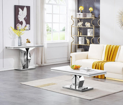 SSLine Modern White Faux Marble Console Table Luxury Entryway Table with Silver Pedestal Base 46.8" Mid-Century Elegant Sofa Table w/Mirrored Stainless Steel Frame for Living Room Hallway