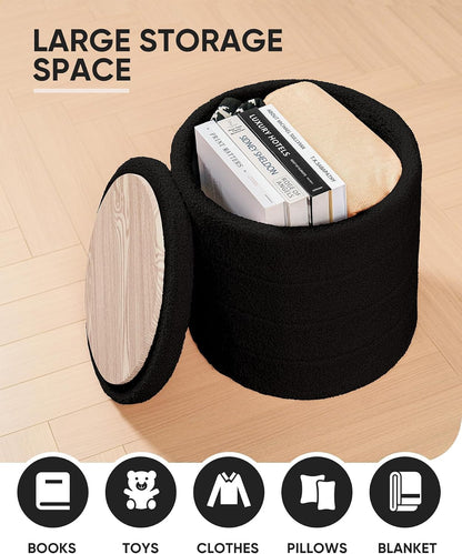 B FSOBEIIALEO Folding Storage Ottoman, Round Sherpa Ottomans, Black | 16.9" Foldable Ottoman With Tray, Boucle Foot Stool, Small Storage Coffee Table for Living Room, Bedroom, Hallway