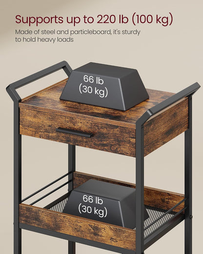 VASAGLE Storage Cart, 3-Tier Rolling Utility Cart with Table Top | Top Drawer, Mesh Shelves, Handles, 4 Lockable Casters, Rustic Brown and Matte Black, DACEY Collection ULRC048K01