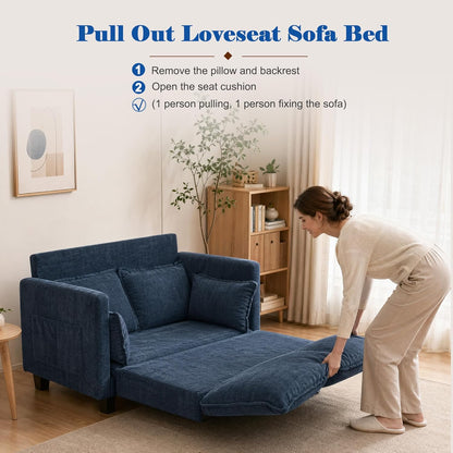 49" Loveseat Sofa Bed, 2 in 1 Convertible Small Sofa Pull Out Couch Bed Chenille Deep 2 Seat Sleeper Twin XL Futon Mattress for Small Spaces Living Room Bedroom Apartment Office, Blue